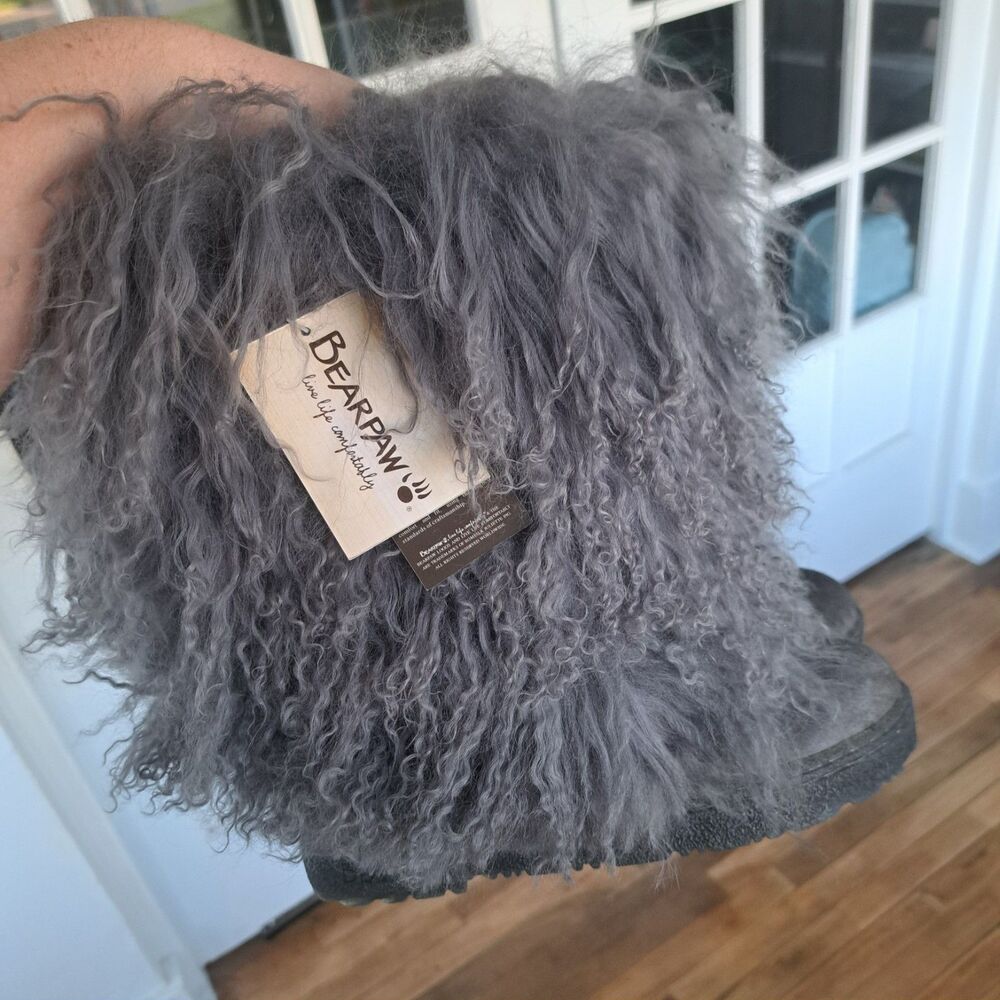 NEW Bearpaw Womens Boetis II Dark Gray Mongolian Sheepskin Fur Boots Size 6